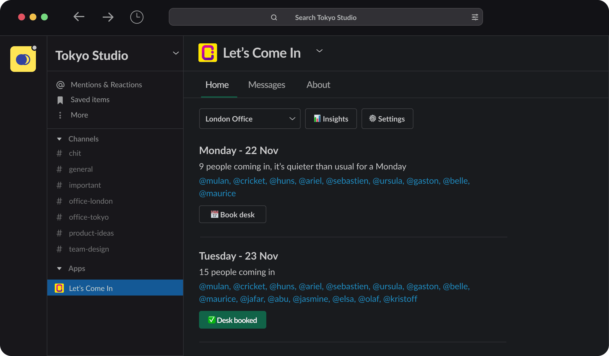 Let's Come In Slack app interface