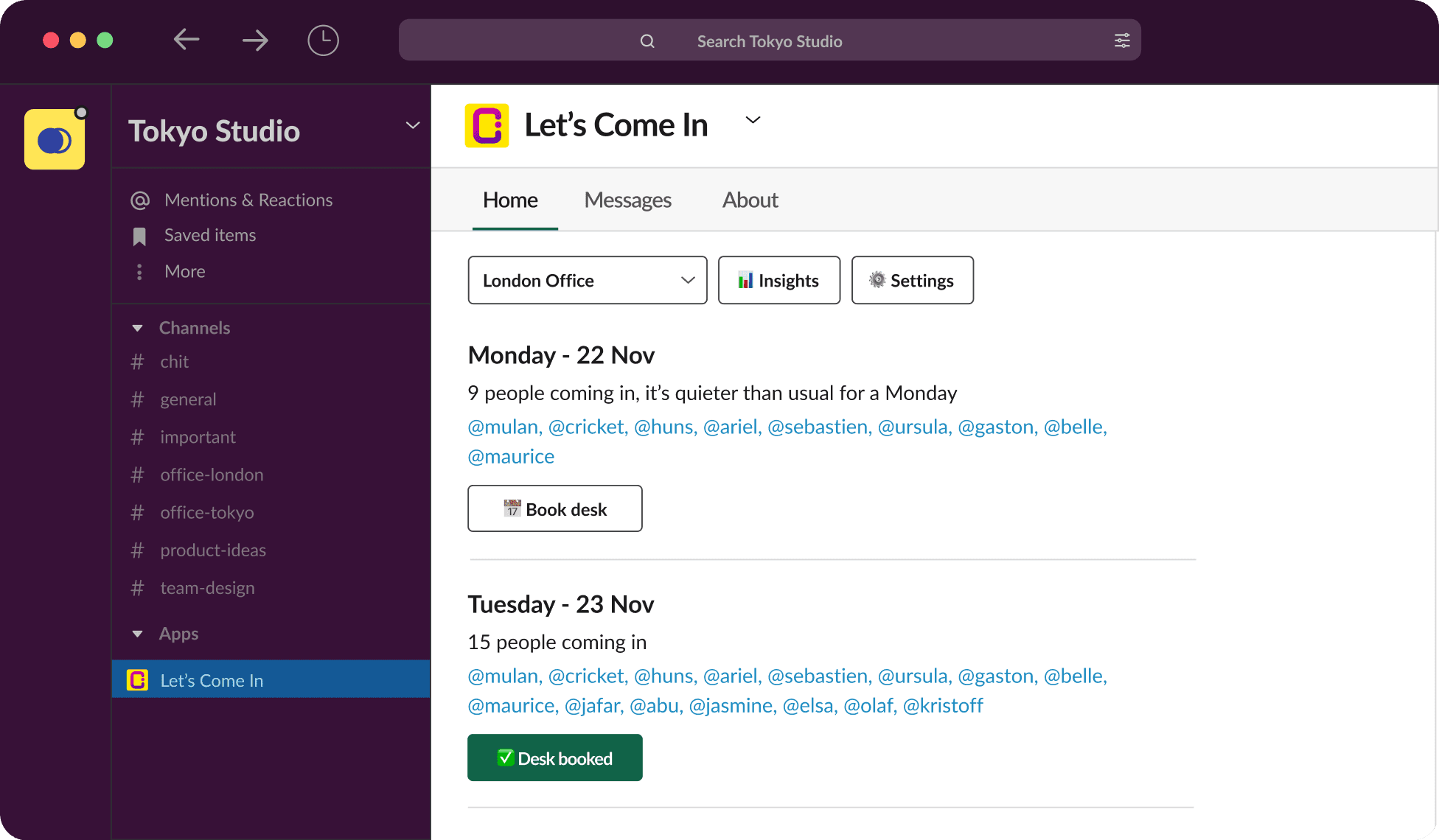 Let's Come In app interface integrated within Slack showing office booking and team coordination features